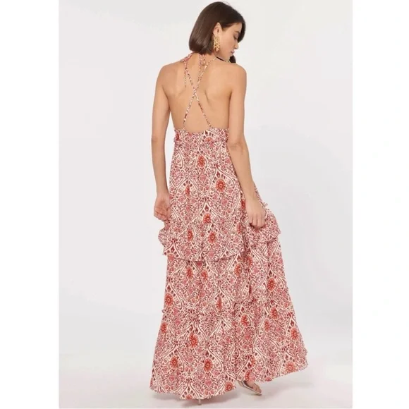 Cami NYC Doris Damask Floral Sleeveless Linen Maxi Dress Red - Picture 3 of 10